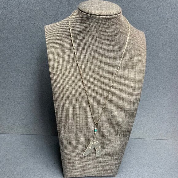 Double Feather Pendant Necklace 18 In Silver Turquoise BoHo Native American - Picture 2 of 7